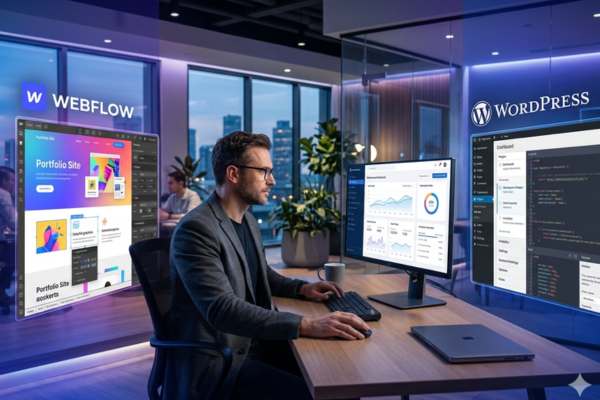 Comparison of Webflow and WordPress website development platforms for modern business websites.
