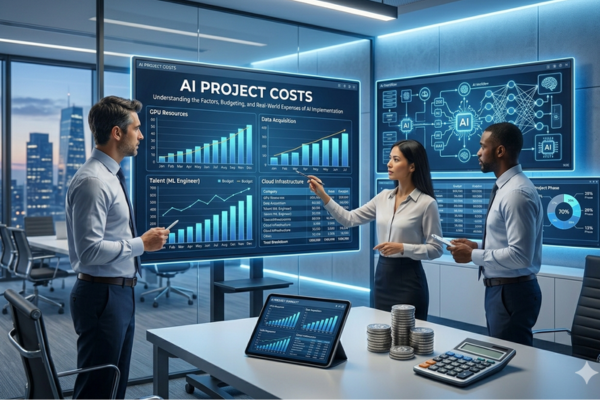 Business team analyzing AI project cost and budget planning on digital dashboards