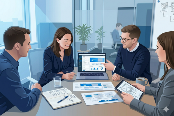 Business owner discussing website project with a WordPress development agency team.