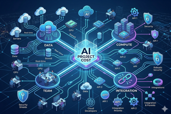 Illustration showing key factors affecting AI implementation cost including data, cloud, and development.