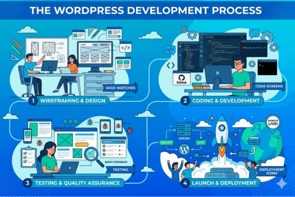 Illustration of WordPress website development process from planning to launch