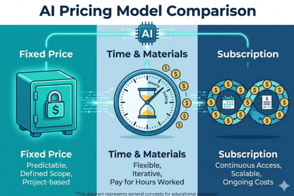Comparison of AI pricing models including fixed price, hourly, and subscription plans.