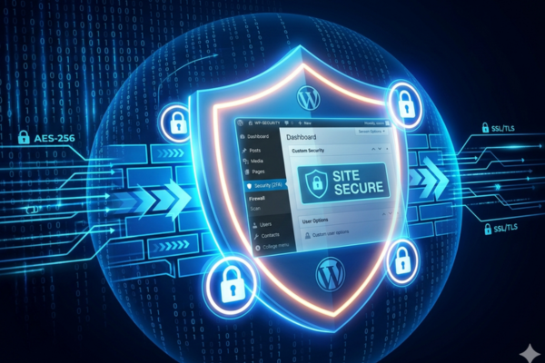WordPress website protected with security shield and cybersecurity elements