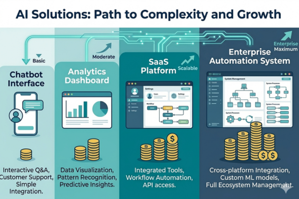Visual breakdown of AI development types from chatbot to enterprise automation with increasing cost levels