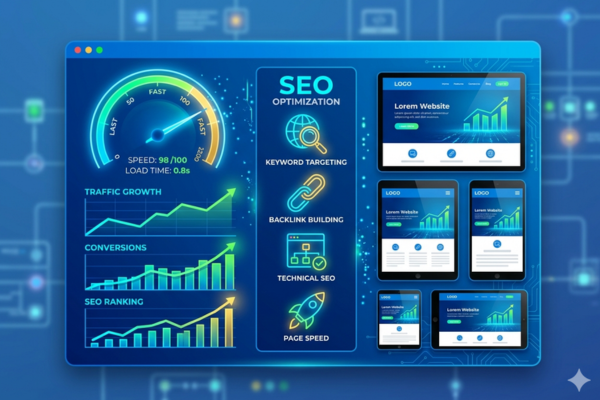 High-performance WordPress website with SEO growth and speed optimization indicators