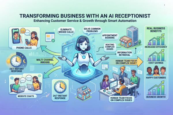 Infographic highlighting the benefits and workflow of an AI receptionist in business customer support.