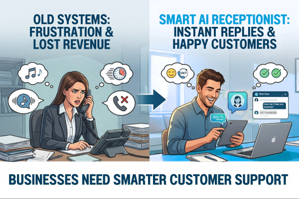 Split graphic contrasting traditional phone support frustration with fast, modern AI customer support.