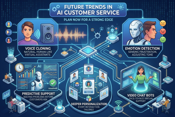 Infographic diagram detailing 5 key future trends in AI-driven customer support technology.