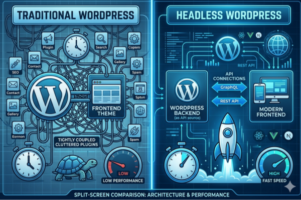 Split-screen comparison illustration: left side shows traditional WordPress setup with backend and frontend tightly connected, cluttered plugin icons, slower performance symbols; right side shows headless WordPress with separated backend and frontend, API connections, fast speed indicators.