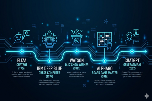 Infographic showing key AI milestones that changed technology forever
Visual timeline including Deep Blue, Watson, AlphaGo, and ChatGPT
Simple graphic explaining important developments in AI history
Educational design highlighting major breakthroughs in artificial intelligence