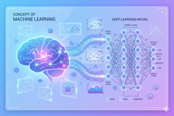 Visual representation of machine learning and neural networks working together
Illustration showing how AI learns from data and improves decisions
Concept image of deep learning with brain-inspired technology design
Modern graphic explaining AI data processing and predictions