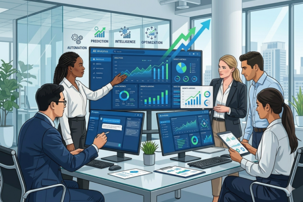 Business team using AI tools for analytics and decision-making
Illustration showing AI improving business growth and efficiency
Corporate environment with AI dashboards and automation systems
Visual of artificial intelligence benefits in modern business operations