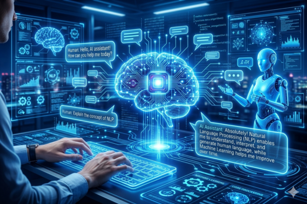 AI chatbot concept showing NLP machine learning and real-time conversation with users