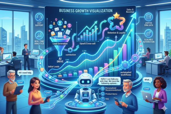 AI chatbot increasing business growth with lead generation customer support and automation benefits.